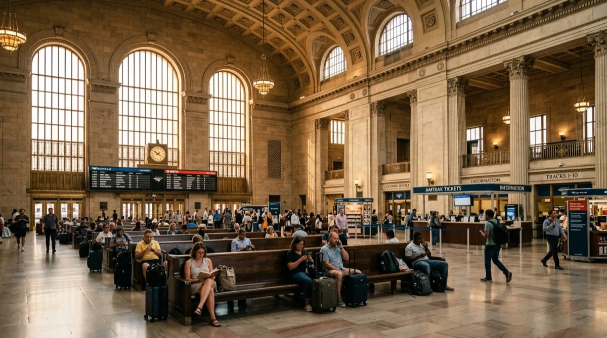 Philadelphia rail terminal grand hall interior — tall windows, warm natural light through treated glazing