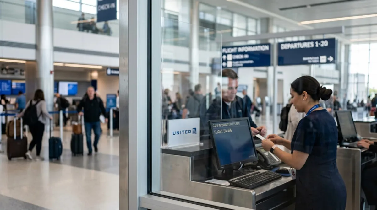 Close-up of optically clear safety film on airport ticketing window glass — invisible protection