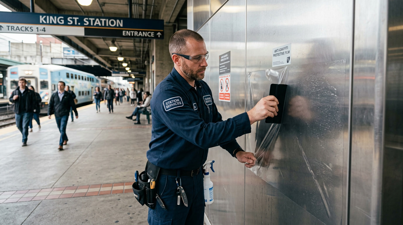 Anti-graffiti film installation on stainless steel transit station surface — Philadelphia technician working