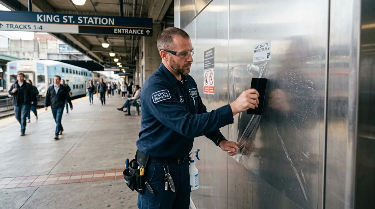Anti-graffiti film installation on stainless steel transit station surface — Philadelphia technician working