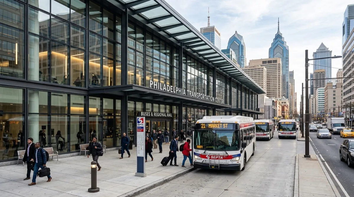 Bus terminal glass facade — clean and modern, Philadelphia urban streetscape