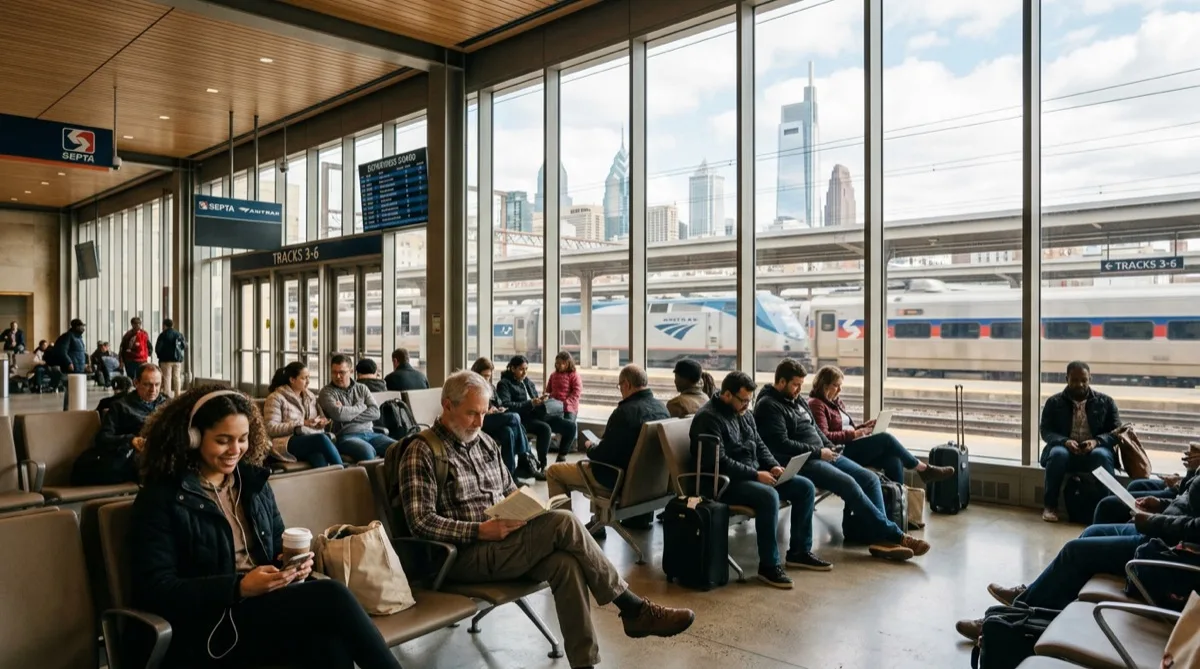 Transit hub waiting area with comfortable passengers seated near large windows — mass transit window film in Philadelphia