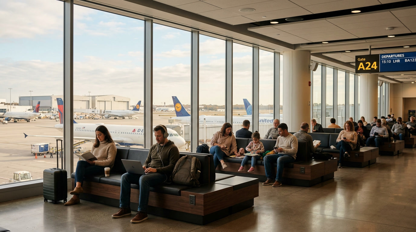 Airport terminal waiting area with comfortable passengers seated near large windows — soft filtered natural light, no harsh glare, mass transit window film