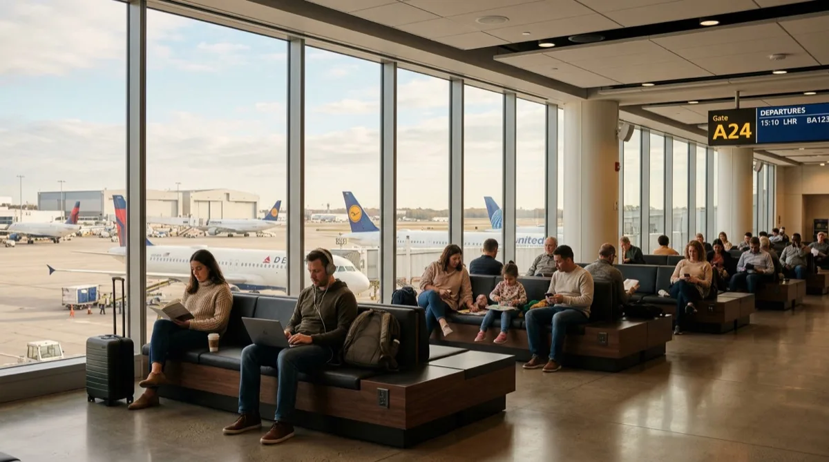 Airport terminal waiting area with comfortable passengers seated near large windows — soft filtered natural light, no harsh glare, mass transit window film