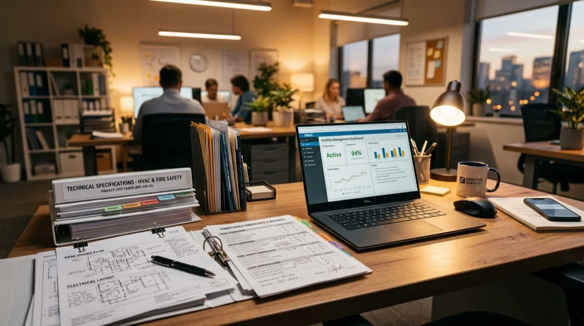 Technical specification documents and compliance sheets on desk — 3M transportation case study and energy brochure for airport window film in Philadelphia