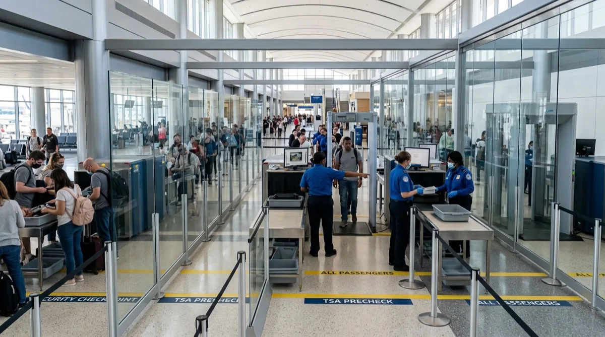 Airport security checkpoint area with clear glass partitions — professional safety glazing in a Philadelphia terminal environment