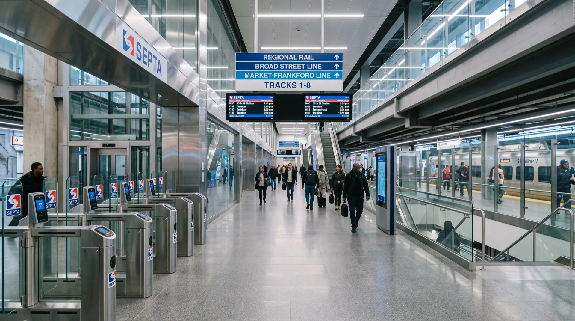 Wide SEPTA station interior with clean glass and metal surfaces — Philadelphia transit environment with anti-graffiti film
