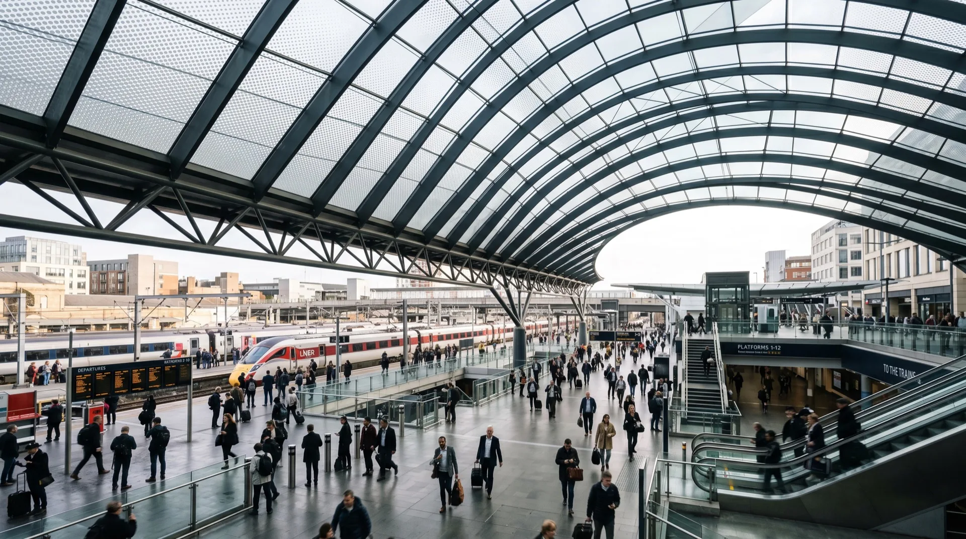 Transit station concourse with exterior-mounted film on canopy glazing — bright diffused daylight, modern architecture