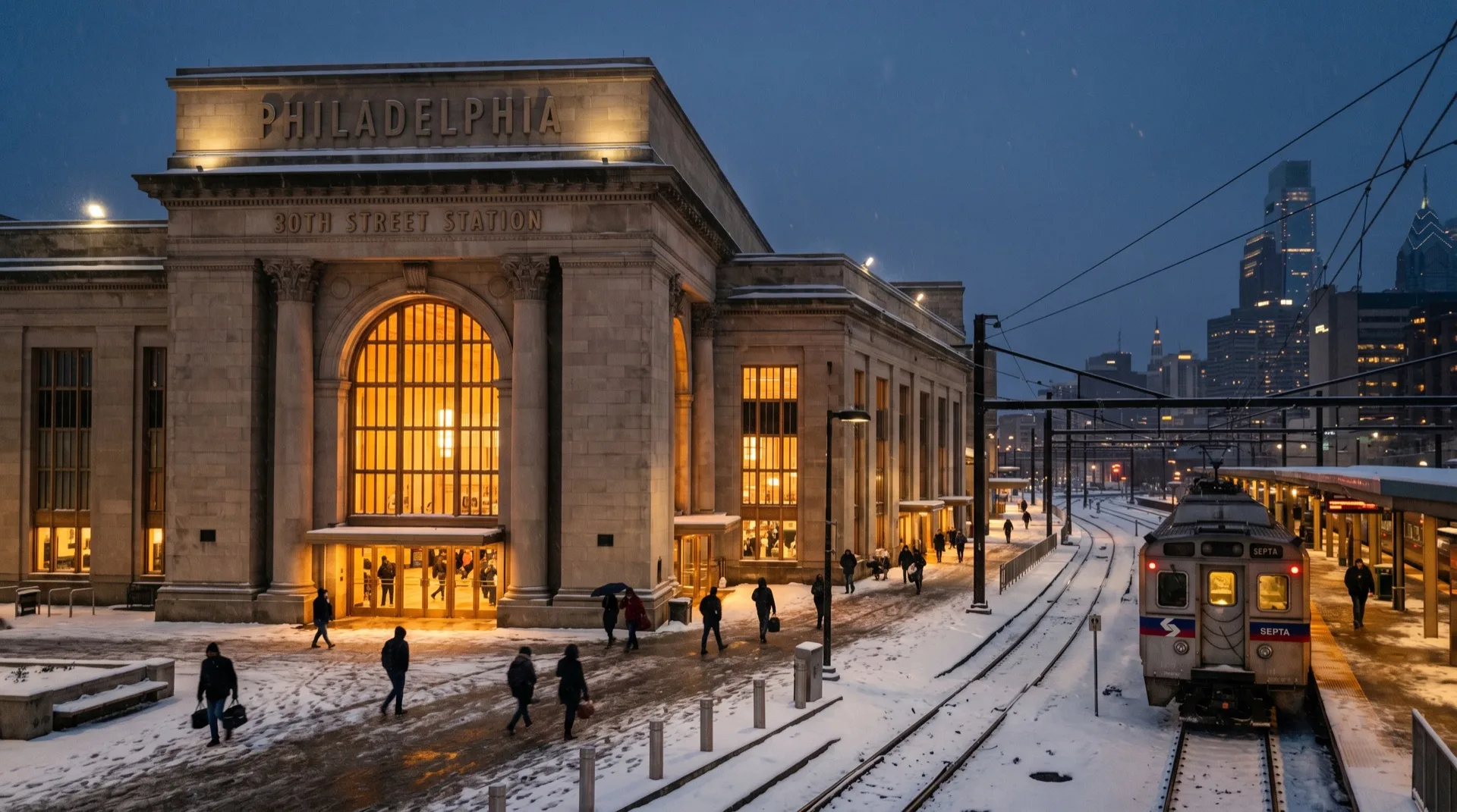 Philadelphia train station exterior in winter — warm amber light from inside terminal through energy-efficient Low-E window film