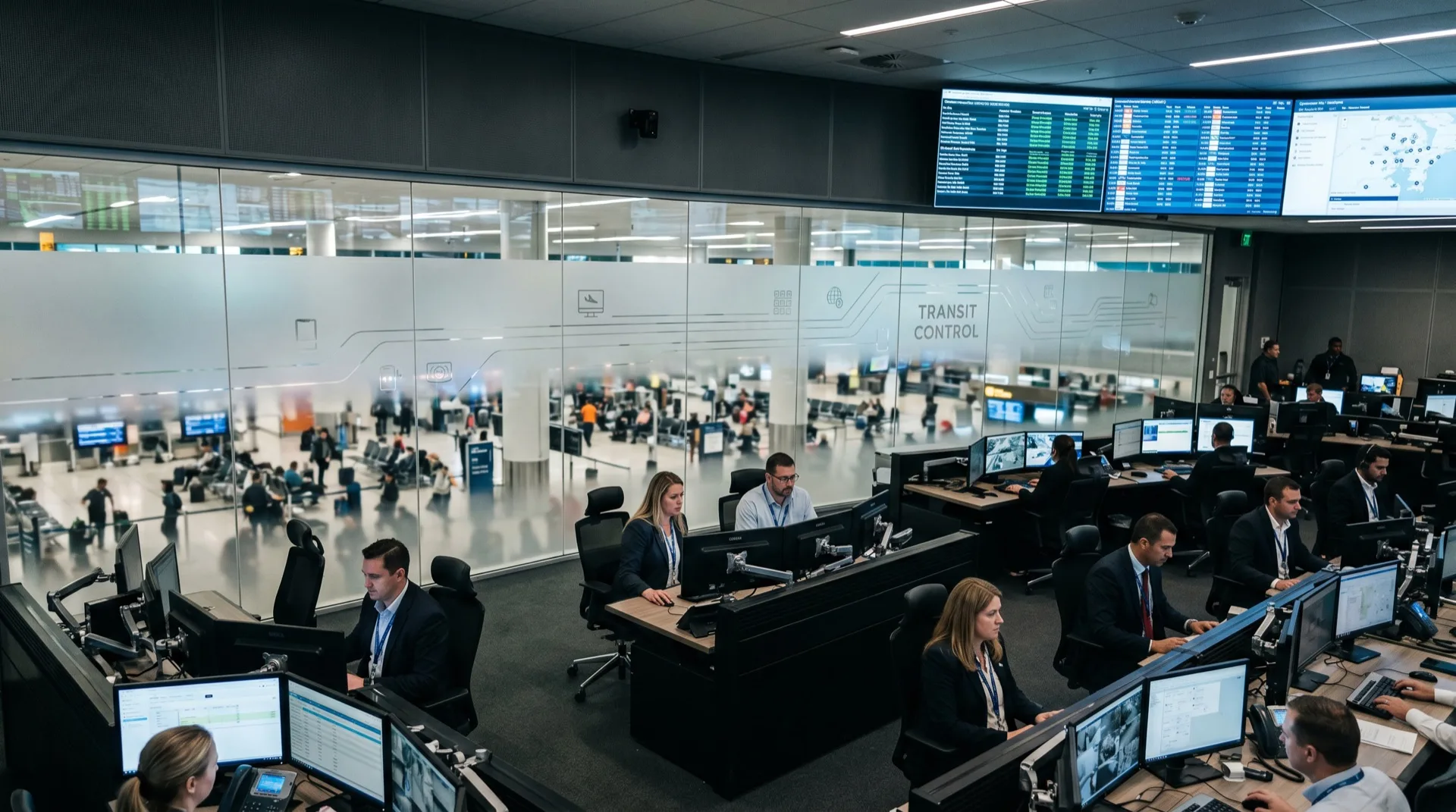 Wide transit operations center with frosted privacy film on glass overlooking terminal floor — professional environment