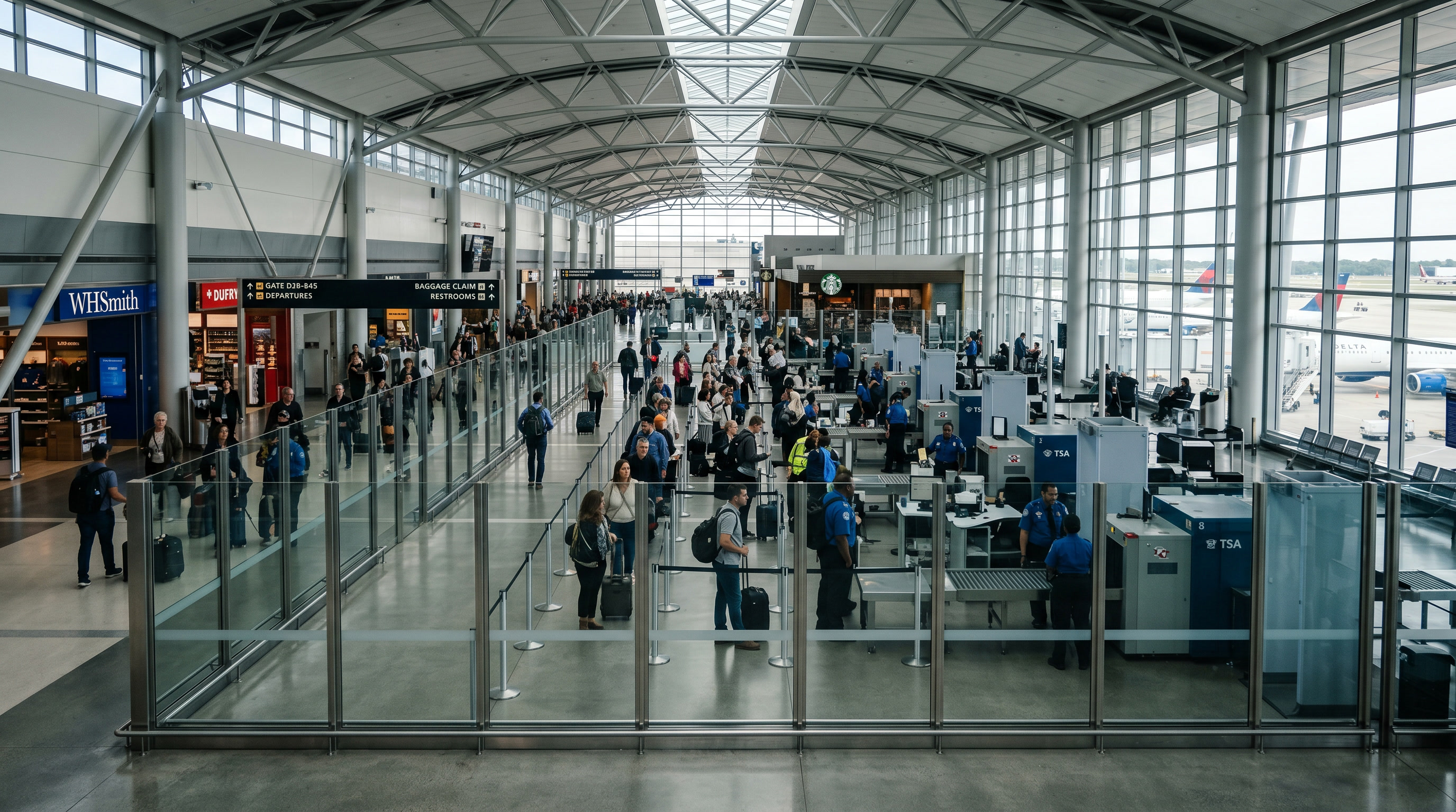 Wide airport terminal security zone with clear glass partitions and safety glazing — professional public environment with security window film