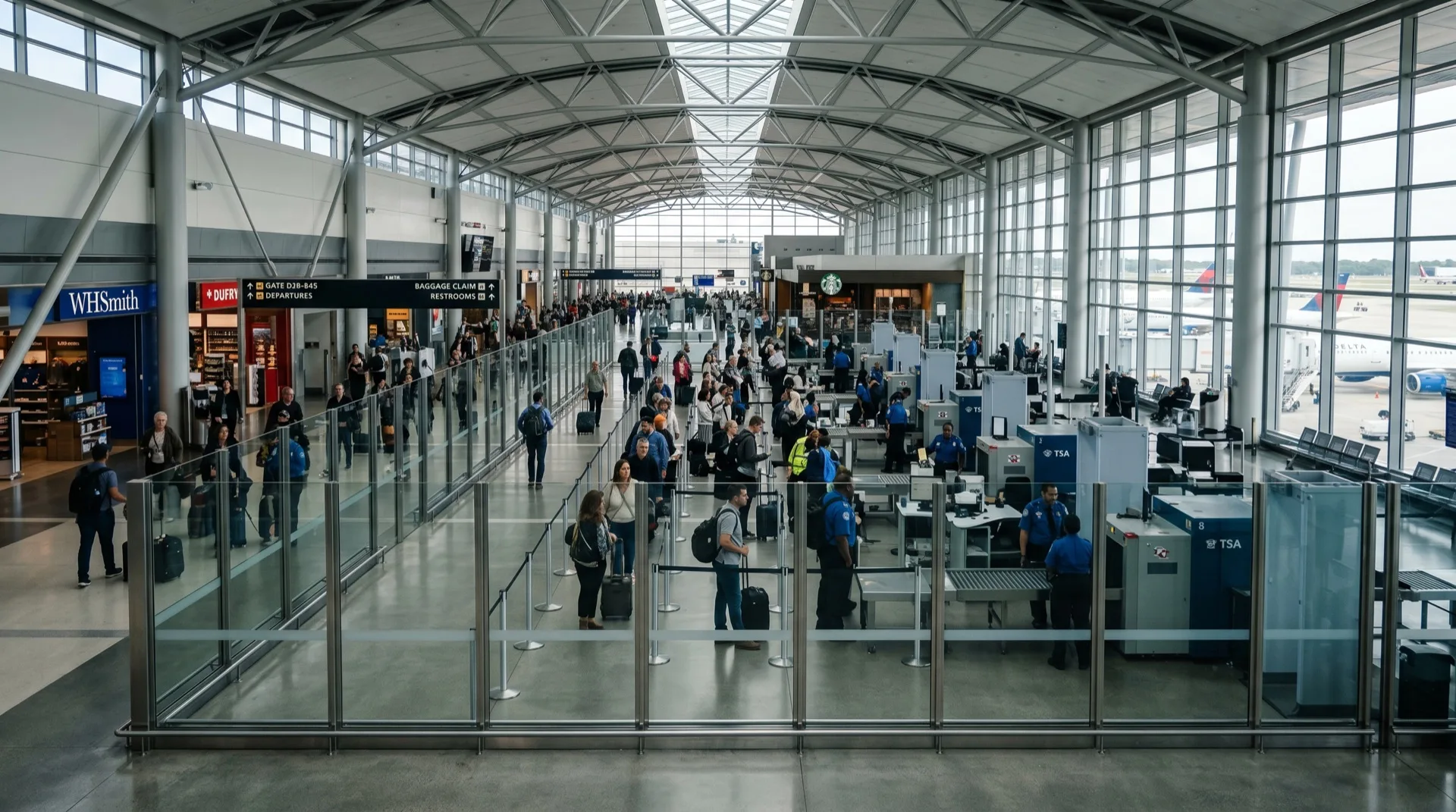 Wide airport terminal security zone with clear glass partitions and safety glazing — professional public environment with security window film