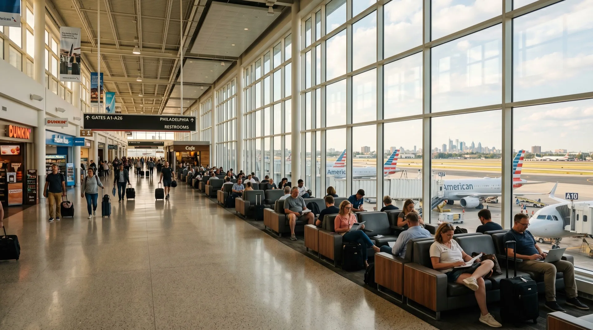 Panoramic Philadelphia airport terminal concourse with floor-to-ceiling windows and warm filtered sunlight — solar control window film
