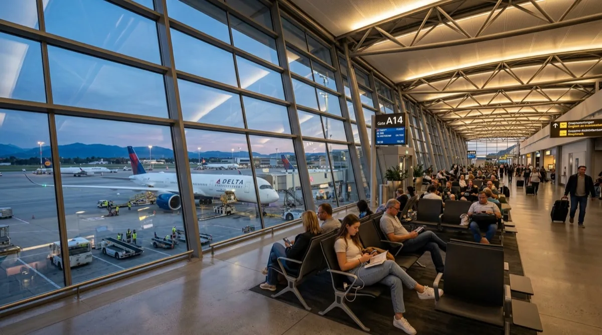 PHL airport terminal gate area with floor-to-ceiling windows overlooking tarmac, passengers seated comfortably with solar film installed
