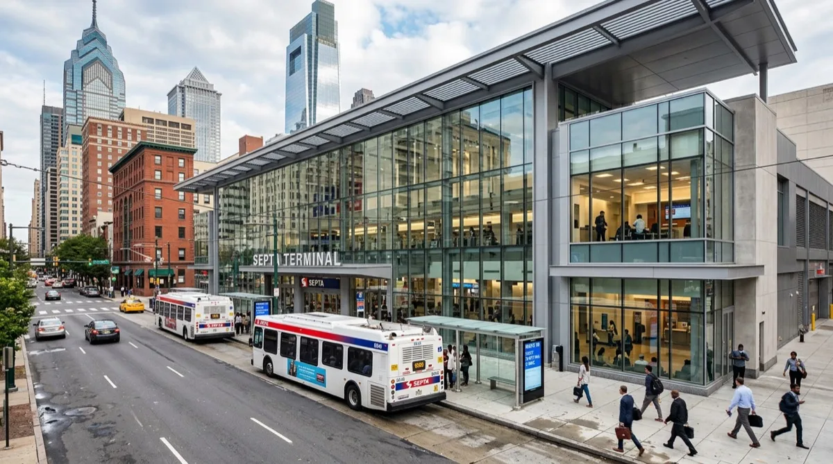 Modern bus terminal with glass facade in urban Philadelphia, clean contemporary transit architecture
