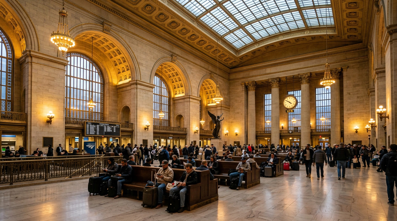 Grand Beaux-Arts train station waiting hall interior, high ceilings, tall arched windows, passengers — Philadelphia intercity rail terminal