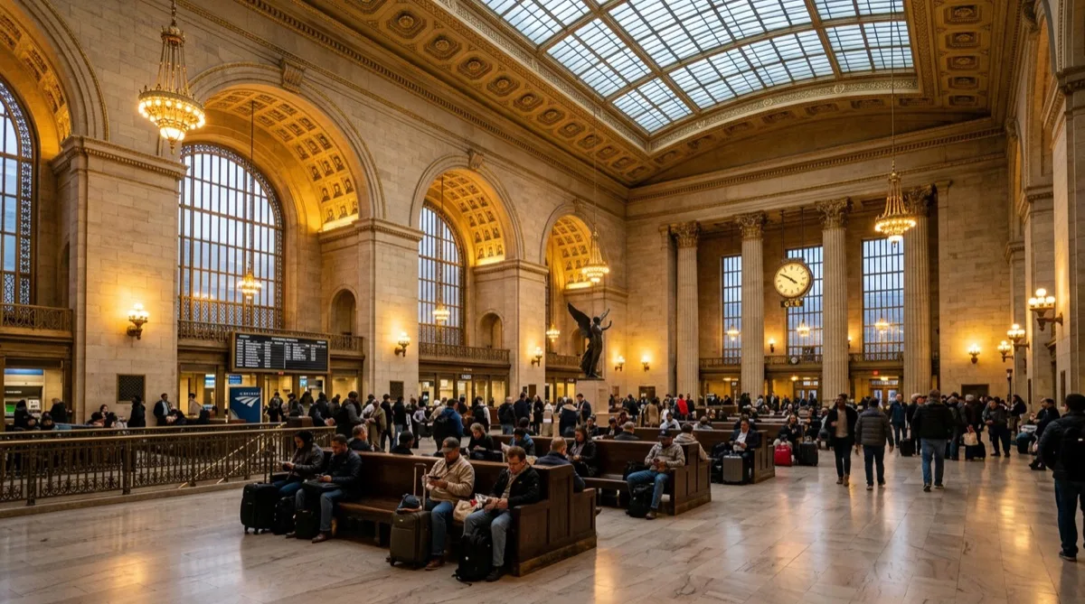 Grand Beaux-Arts train station waiting hall interior, high ceilings, tall arched windows, passengers — Philadelphia intercity rail terminal