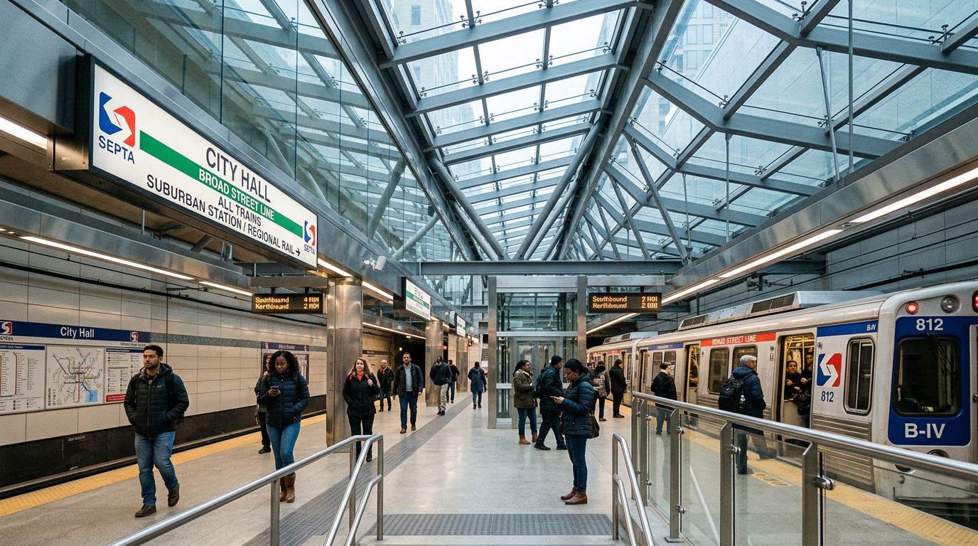 SEPTA subway station platform with glazed canopy and glass panels, urban Philadelphia underground, clean modern station environment