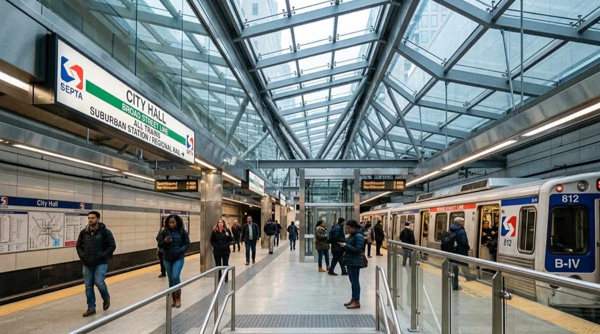 SEPTA subway station platform with glazed canopy and glass panels, urban Philadelphia underground, clean modern station environment