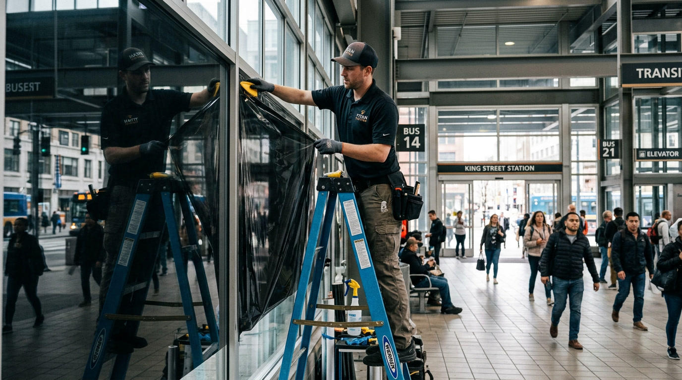 Window film installer applying tint film to large transit station glass panels — professional airport window film installation in Philadelphia