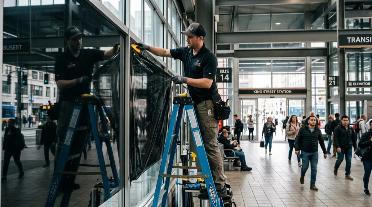 Window film installer applying tint film to large transit station glass panels — professional airport window film installation in Philadelphia