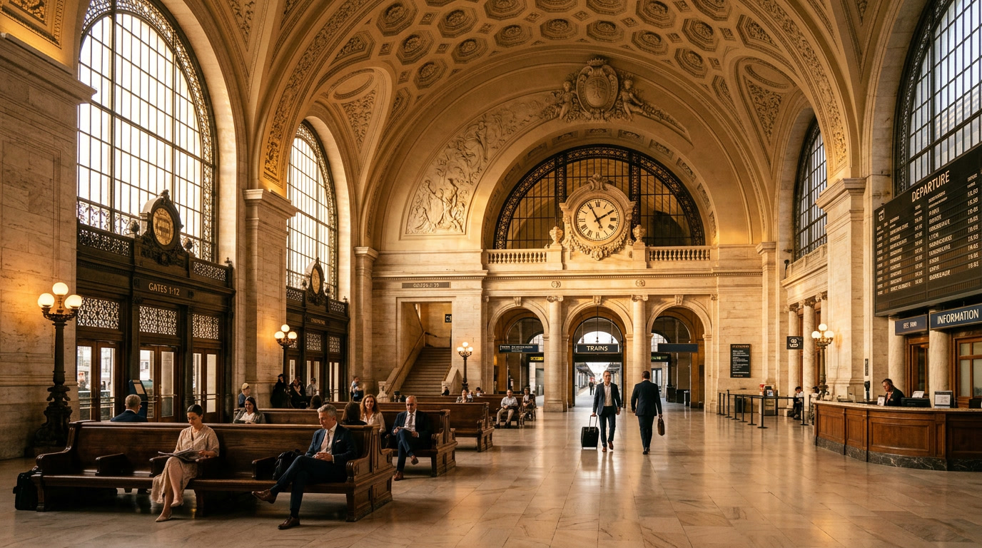 Grand train station interior with dramatic natural light streaming through massive windows — aspirational transit architecture showing the scale of glass in Philadelphia transit infrastructure