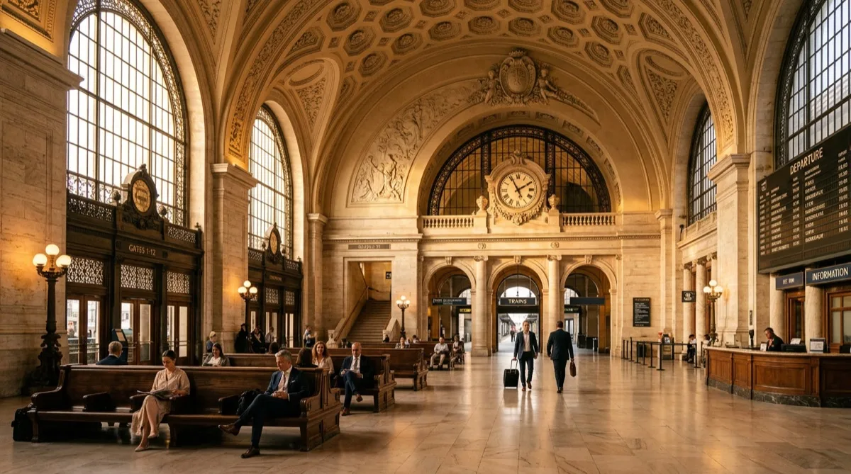 Grand train station interior with dramatic natural light streaming through massive windows — aspirational transit architecture showing the scale of glass in Philadelphia transit infrastructure