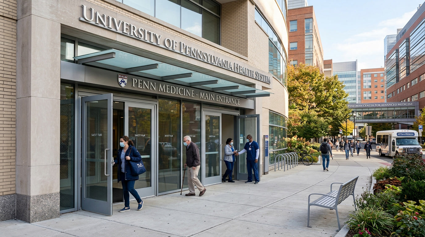 Medical building entrance with safety film on glass doors, patients entering, Philadelphia