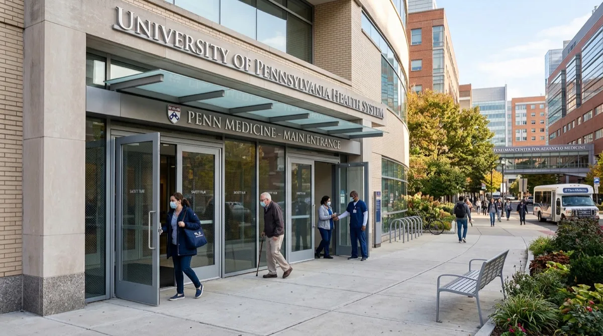 Medical building entrance with safety film on glass doors, patients entering, Philadelphia