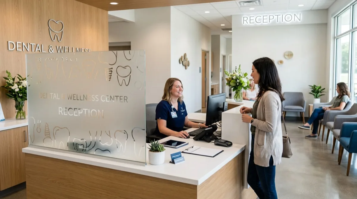 Medical office frosted privacy partition at reception desk, professional healthcare interior