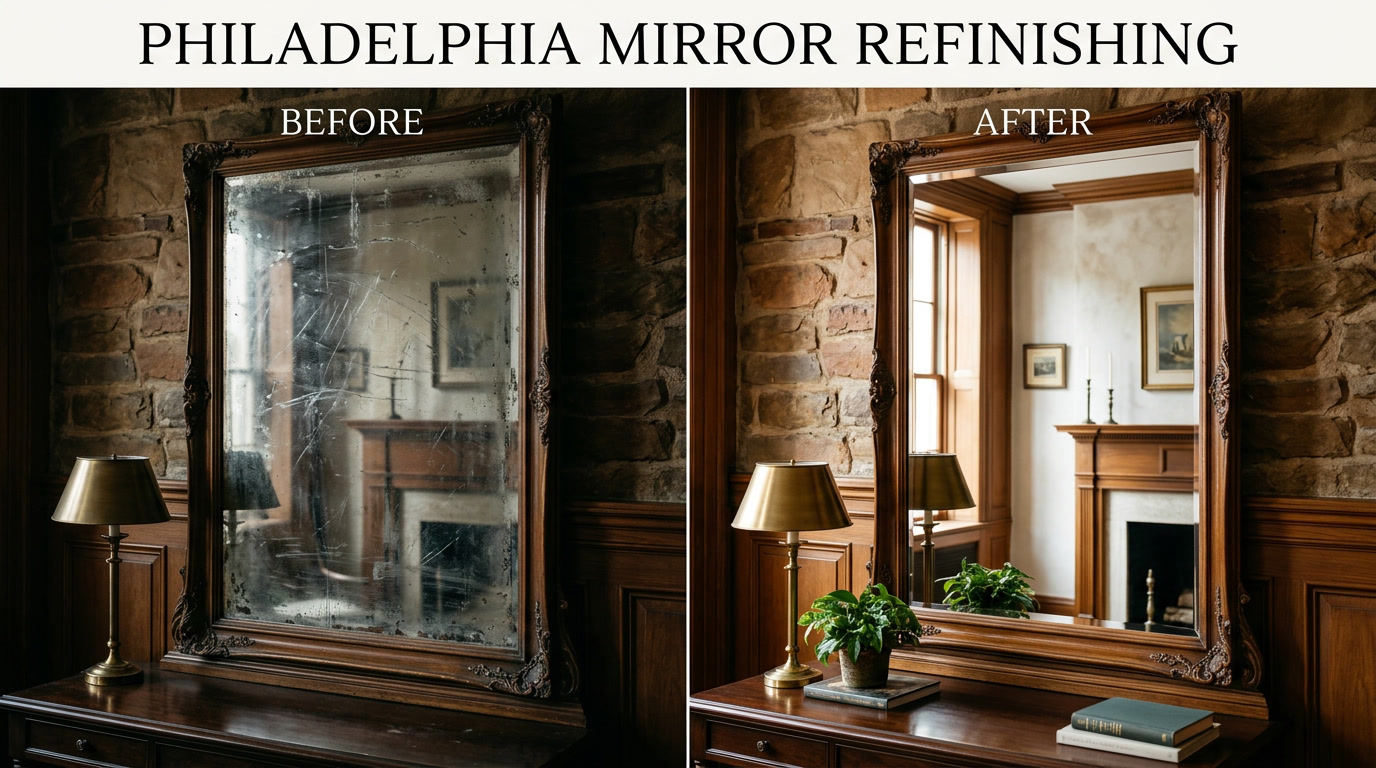 Mirror film before and after — Philadelphia commercial mirror