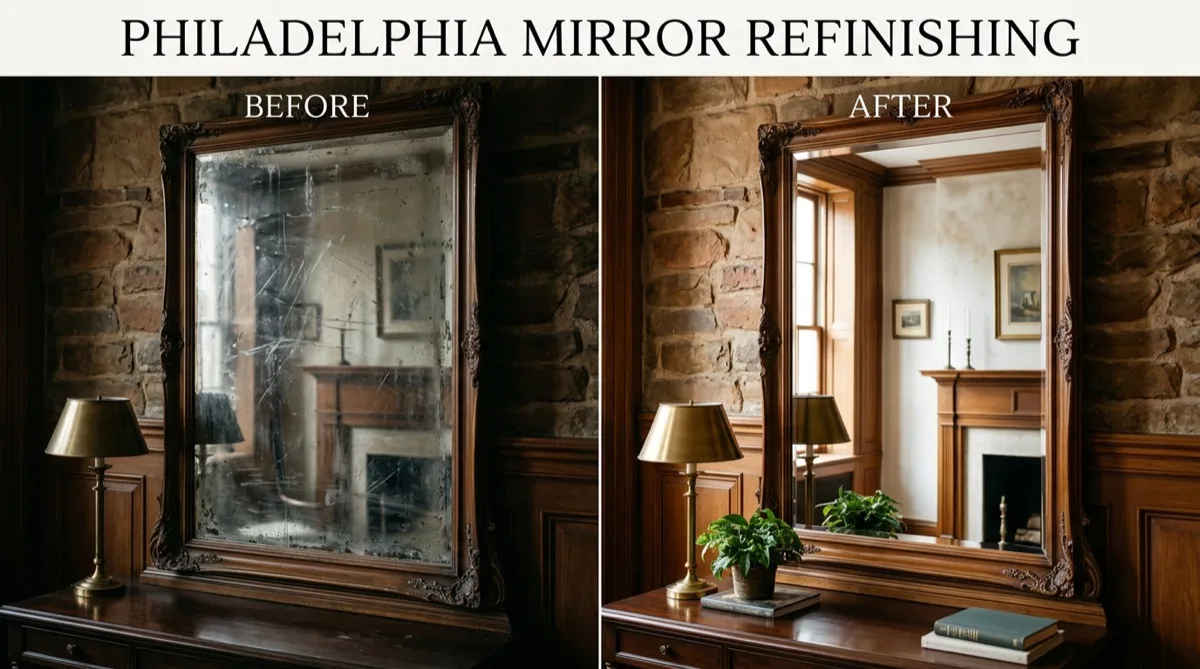 Mirror film before and after — Philadelphia commercial mirror