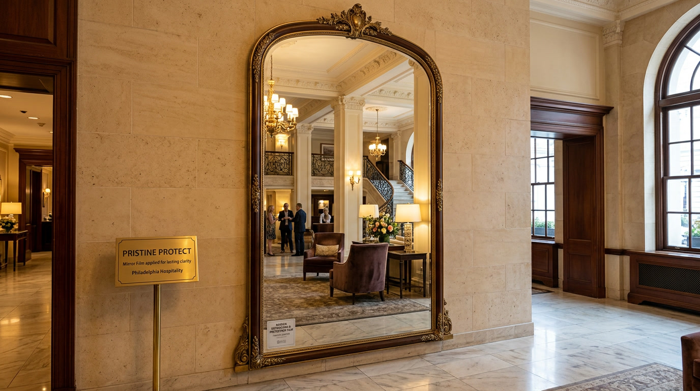 Mirror Shield film protecting hotel lobby display mirror in Philadelphia