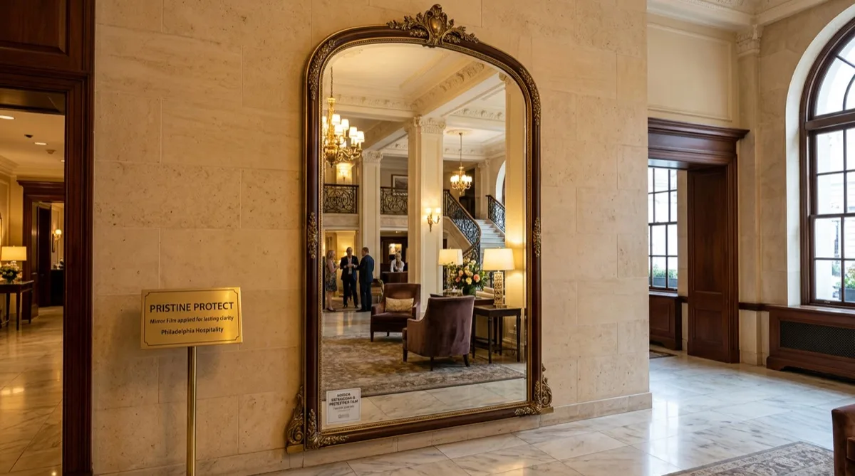 Mirror Shield film protecting hotel lobby display mirror in Philadelphia