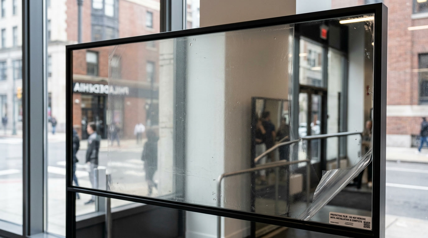 Mirror film protecting Philadelphia commercial mirror from scratch damage