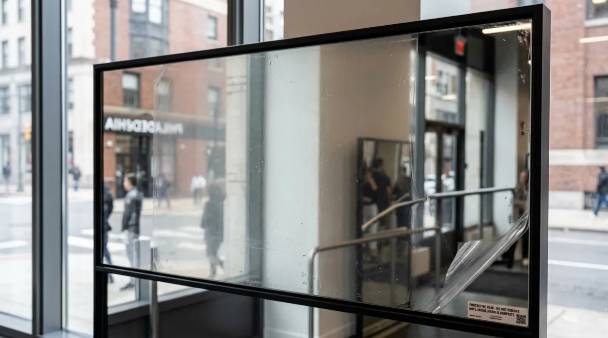 Mirror film protecting Philadelphia commercial mirror from scratch damage