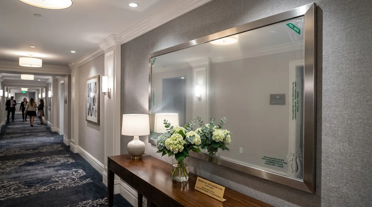 Mirror refinishing film protecting Philadelphia commercial mirror long-term