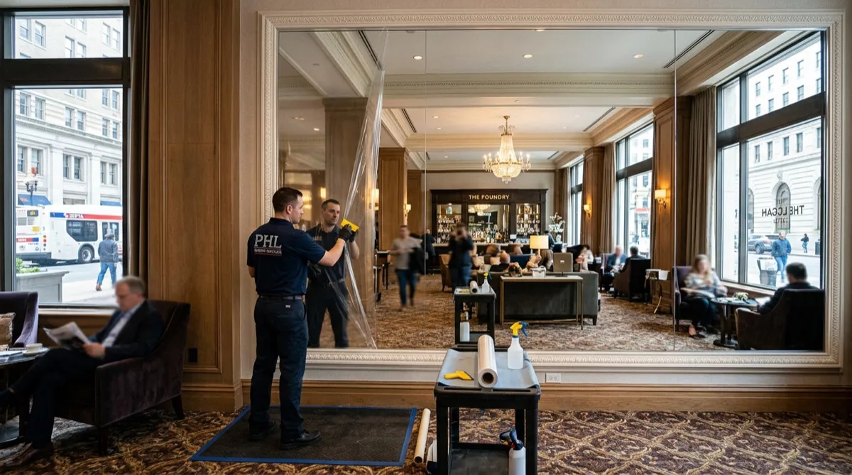 Mirror refinishing film in Philadelphia hotel mirror