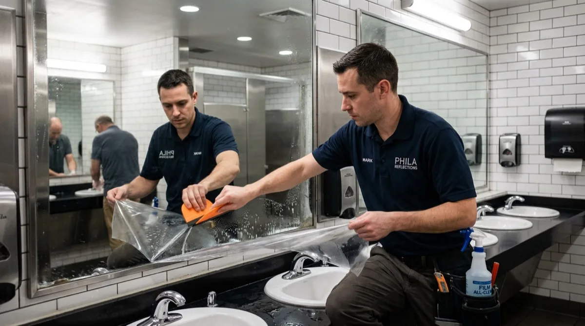 Mirror refinishing film installation in Philadelphia commercial restroom