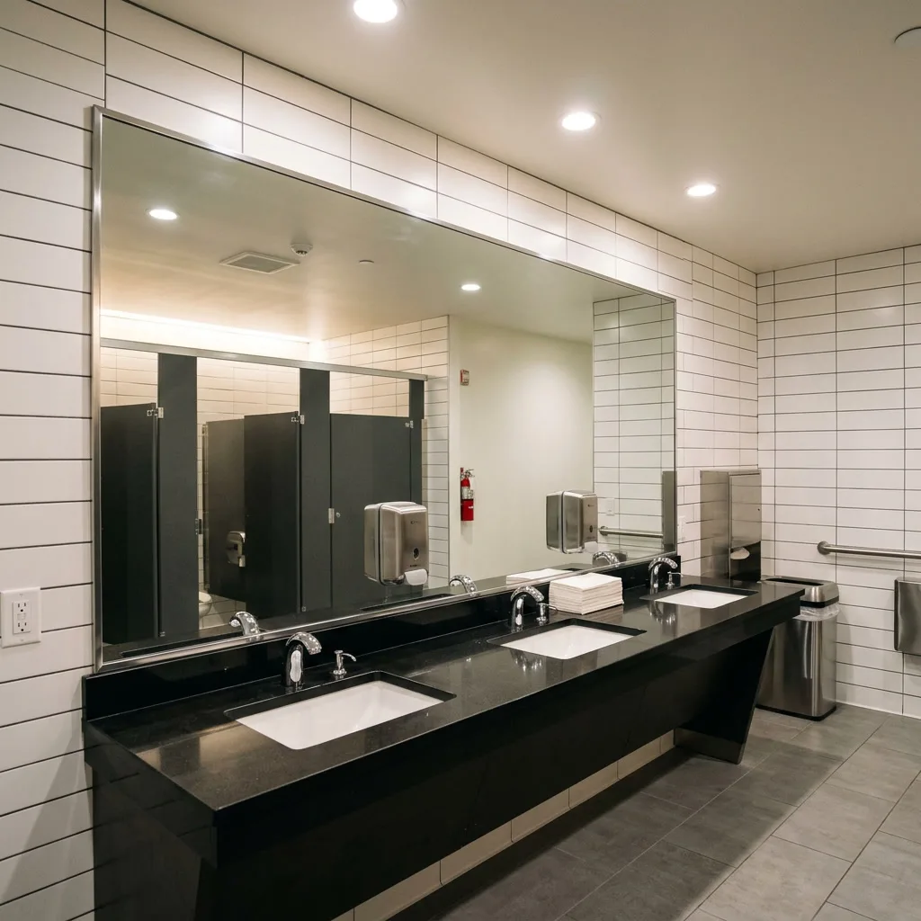 Philadelphia commercial mirror restored with mirror refinishing film — pristine clear reflection