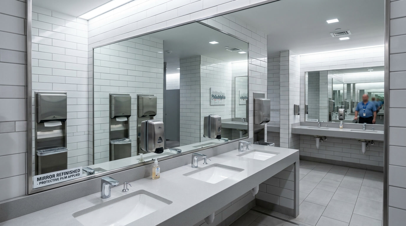 Pristine commercial mirror after mirror refinishing film application in Philadelphia restroom