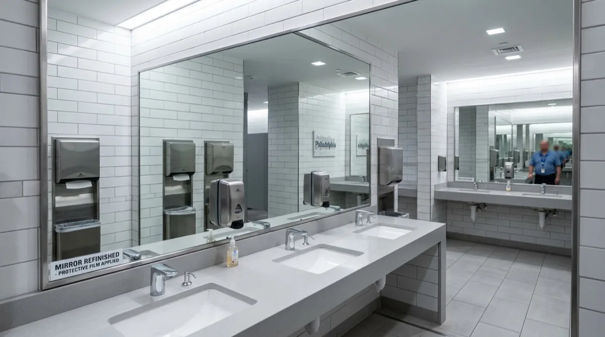 Pristine commercial mirror after mirror refinishing film application in Philadelphia restroom