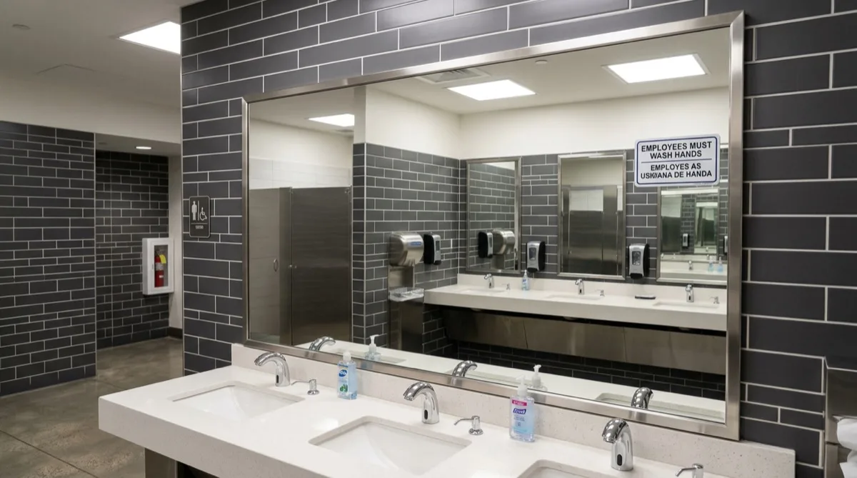 Mirror refinishing film protecting commercial restroom mirror in Philadelphia