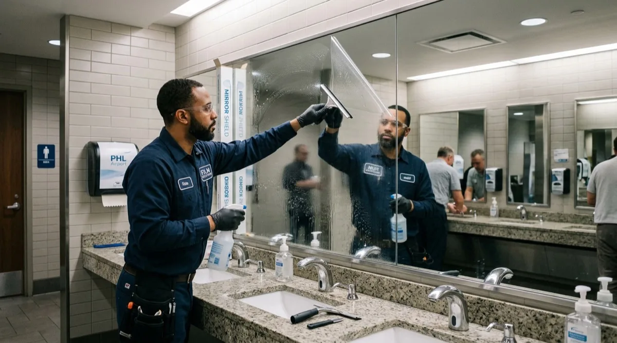 Mirror refinishing film installation on Philadelphia commercial mirror