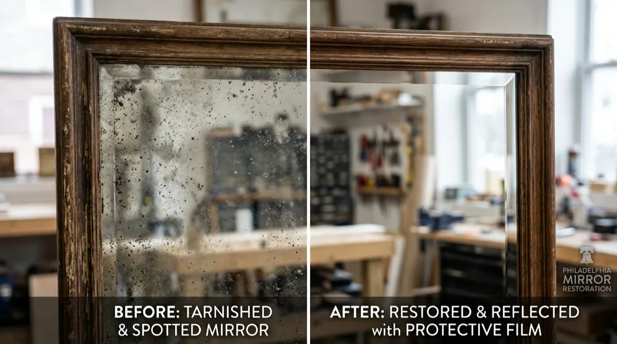 Mirror restoration film protecting Philadelphia mirror from tarnishing