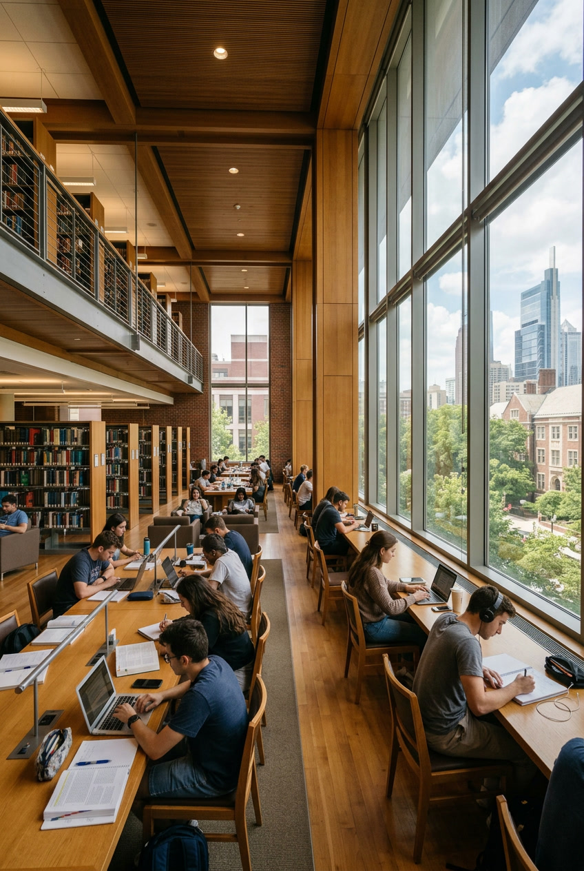 University City Philadelphia research library reading room with window film reducing glare and protecting rare books University City Philadelphia research library reading room with window film reducing glare and protecting rare books