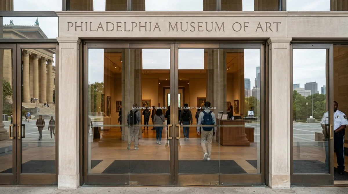 Security window film protecting Philadelphia museum entry glass and display areas Security window film protecting Philadelphia museum entry glass and display areas
