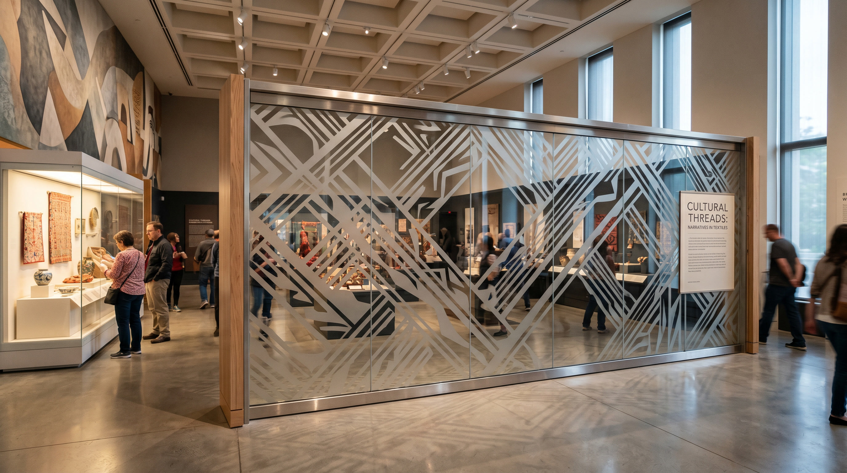 Decorative film for museum exhibit transitions and donor recognition glass Decorative film for museum exhibit transitions and donor recognition glass