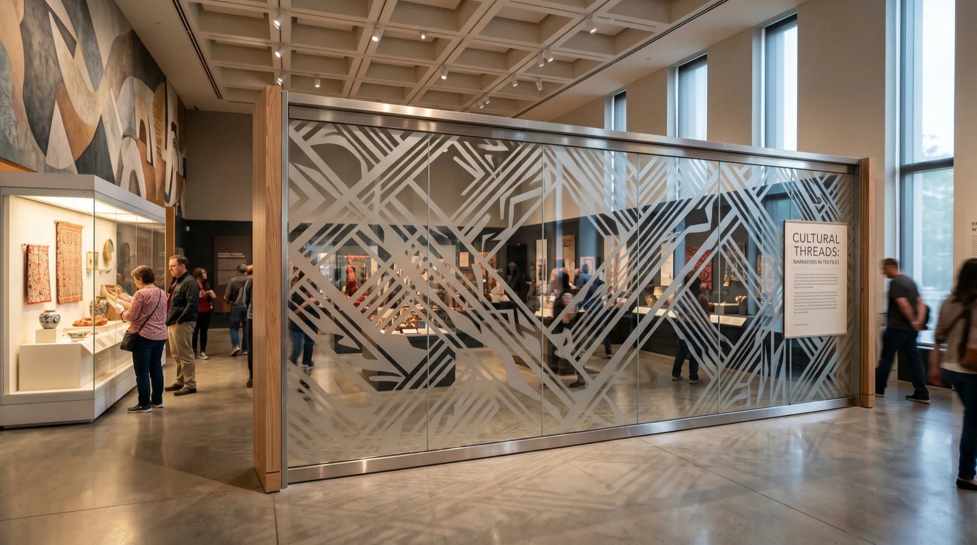Decorative film for museum exhibit transitions and donor recognition glass Decorative film for museum exhibit transitions and donor recognition glass