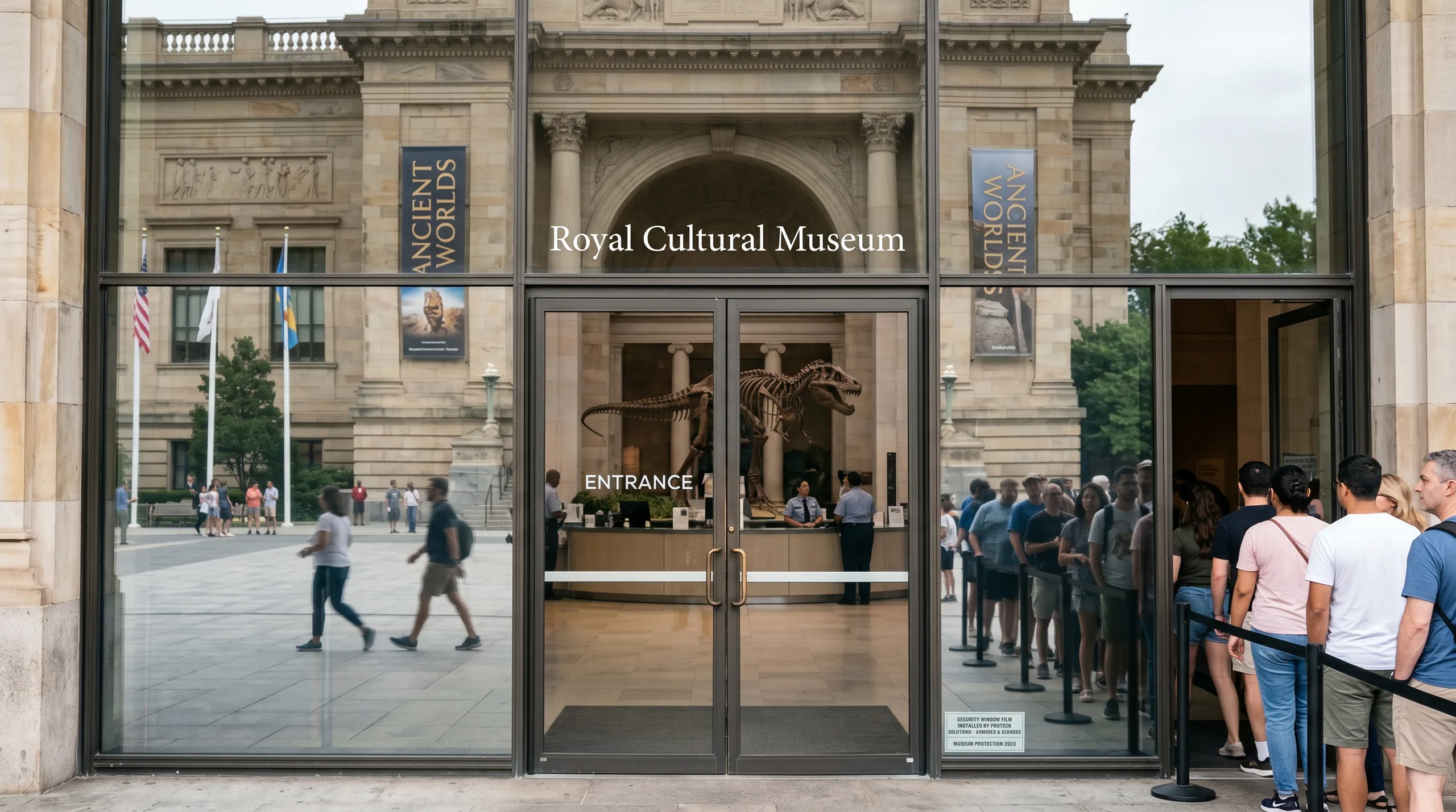 Security and anti-intrusion film on museum entry glass Security and anti-intrusion film on museum entry glass